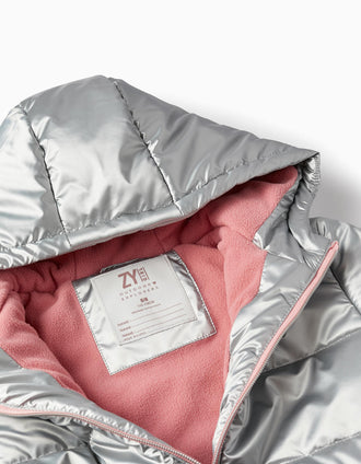 Chaqueta Acolchada con Capucha para Niña, Plateada