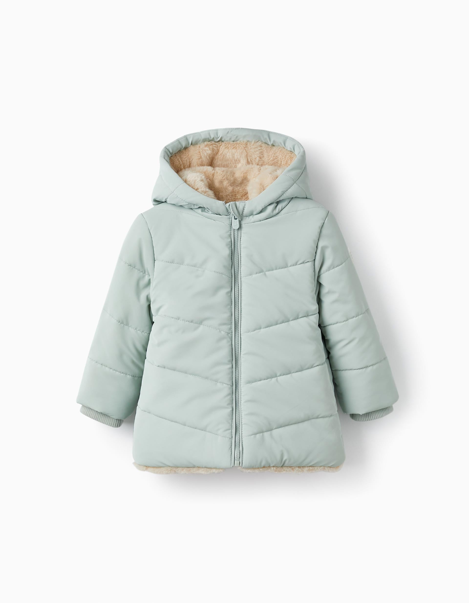 Padded Coat with Fur and Hood for Baby Girls, Light Green