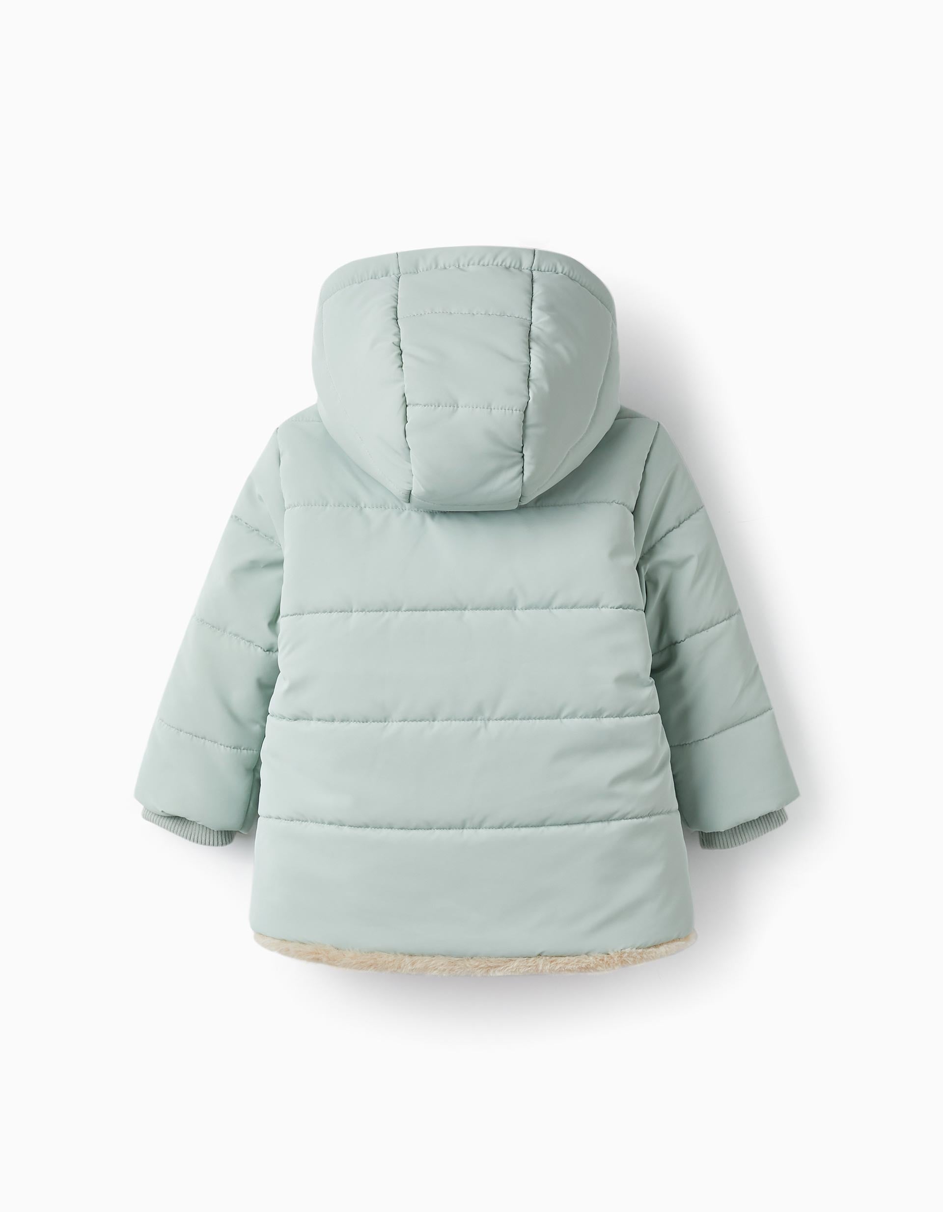 Padded Coat with Fur and Hood for Baby Girls, Light Green