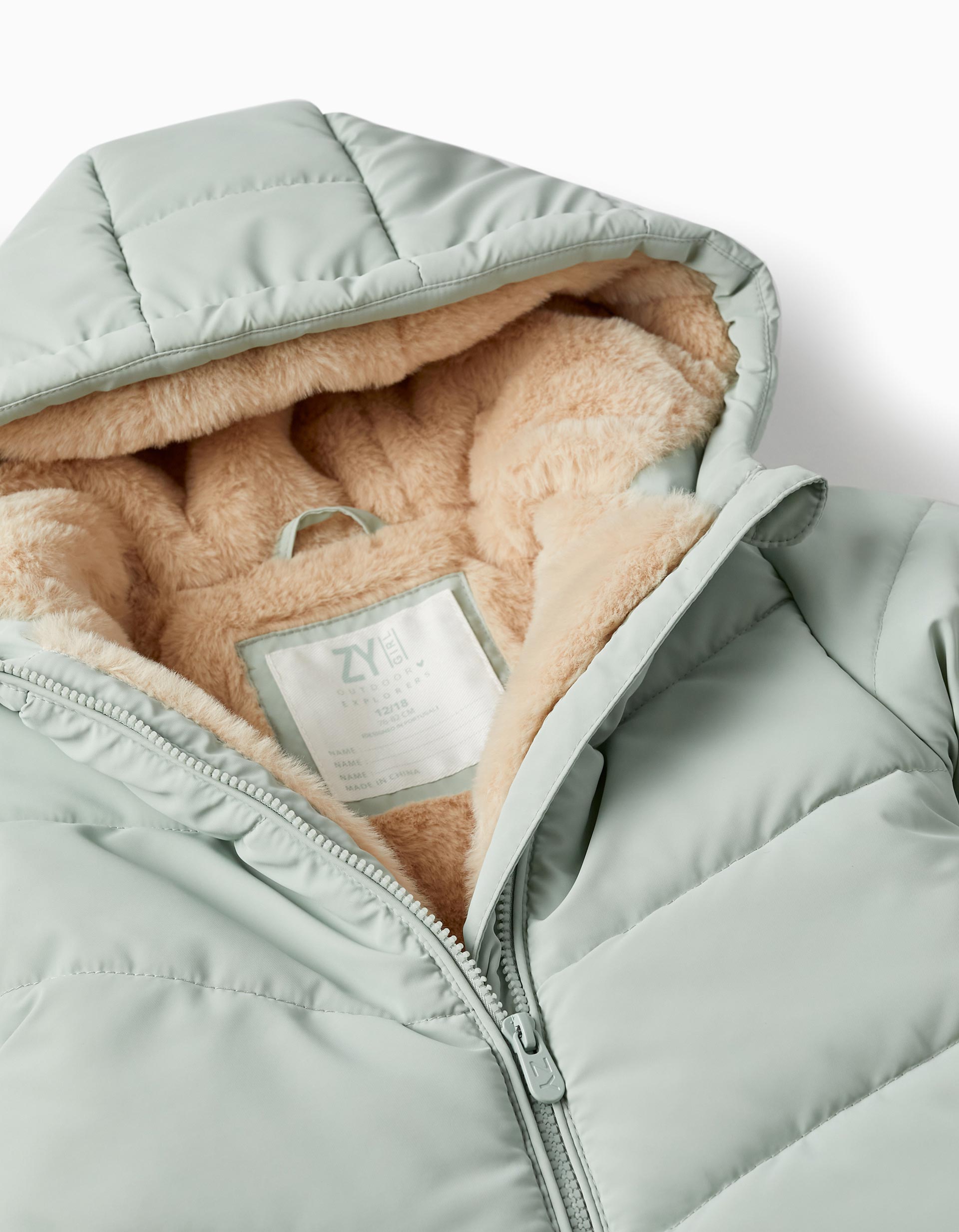 Padded Coat with Fur and Hood for Baby Girls, Light Green