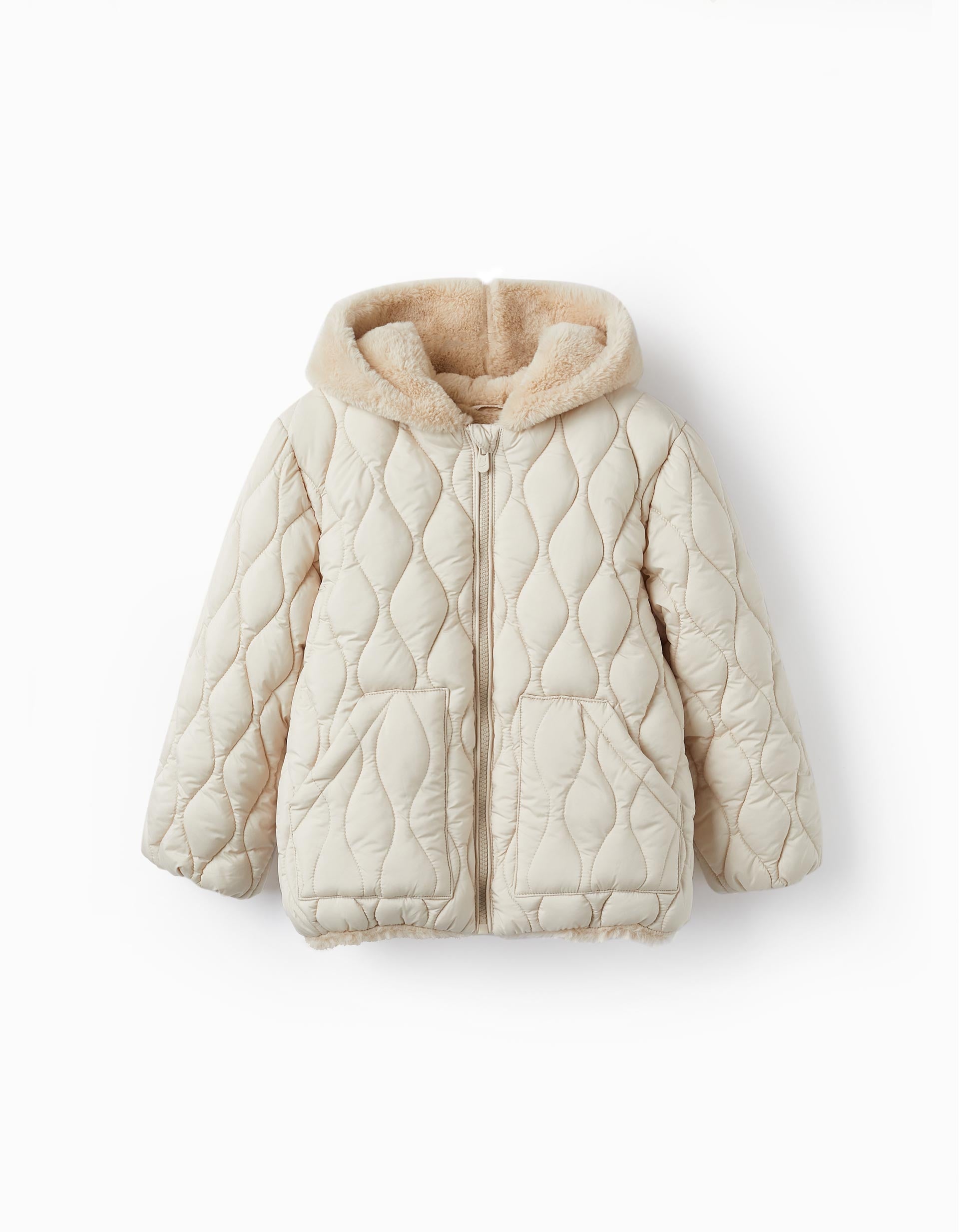 Manteau Matelassé avec Capuche et Fourrure pour Fille, Beige