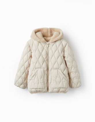 Chaqueta Acolchada con Capucha y Pelo para Niña, Beige