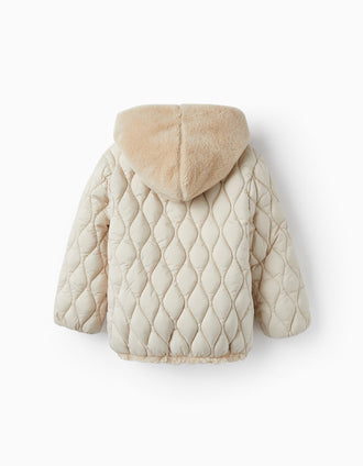Chaqueta Acolchada con Capucha y Pelo para Niña, Beige