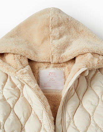 Chaqueta Acolchada con Capucha y Pelo para Niña, Beige