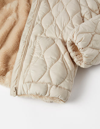 Chaqueta Acolchada con Capucha y Pelo para Niña, Beige