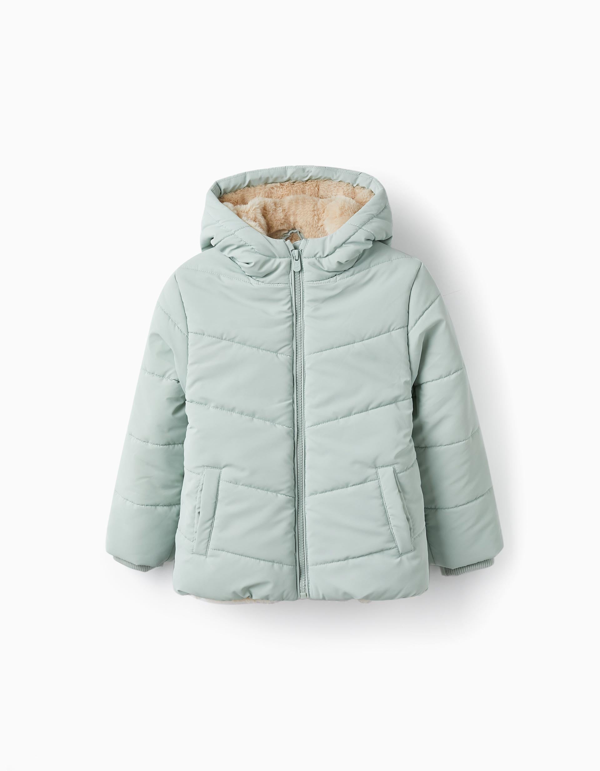Manteau Matelassé avec Fourrure et Capuche pour Fille, Vert Clair