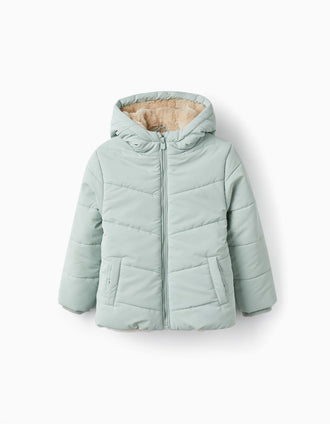 Chaqueta Acolchada con Pelo y Capucha para Niña, Verde Claro
