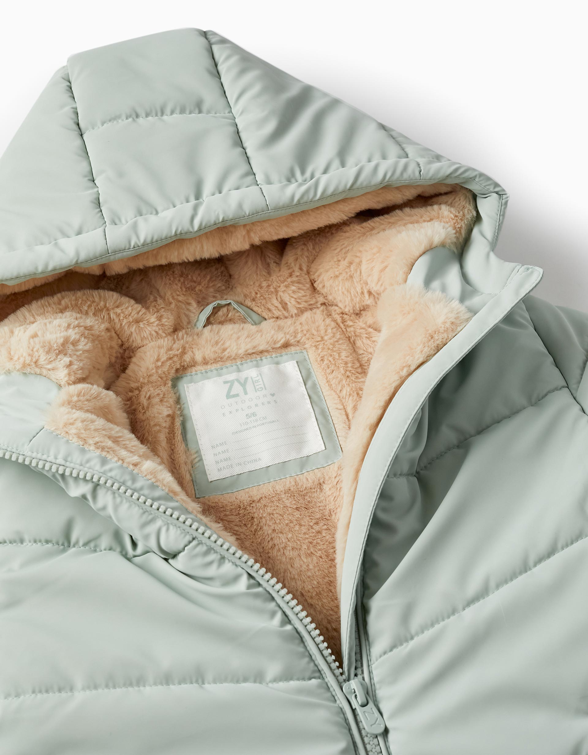 Manteau Matelassé avec Fourrure et Capuche pour Fille, Vert Clair