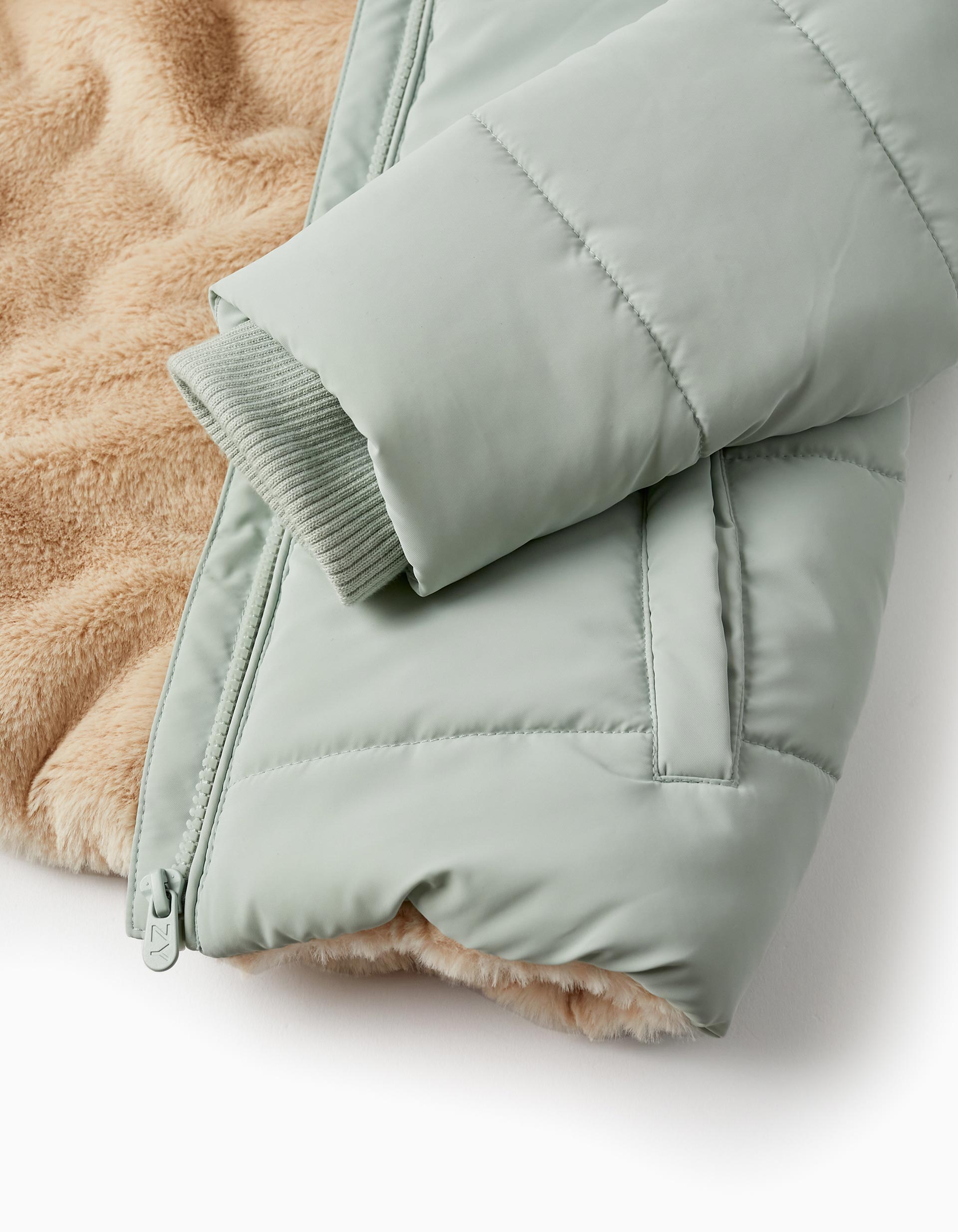 Manteau Matelassé avec Fourrure et Capuche pour Fille, Vert Clair