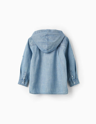 Camisa em Ganga de Algodão com Capuz para Menino, Azul