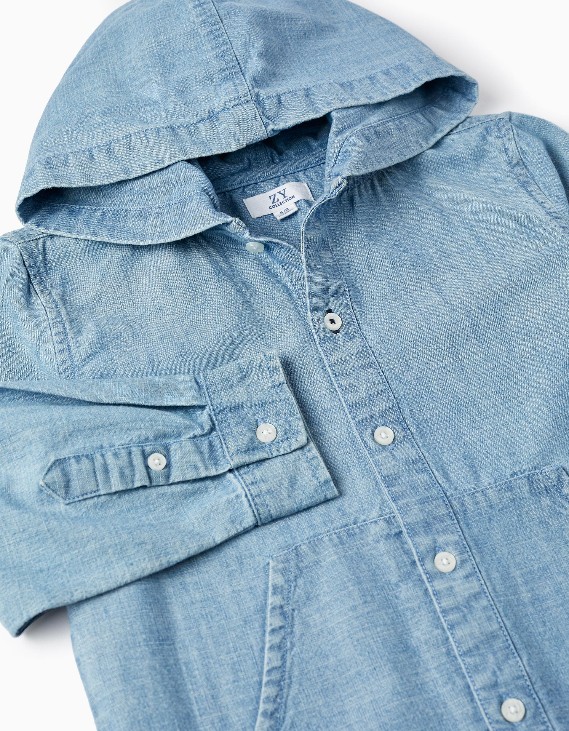 Cotton Denim Shirt with Hood for Boys, Blue