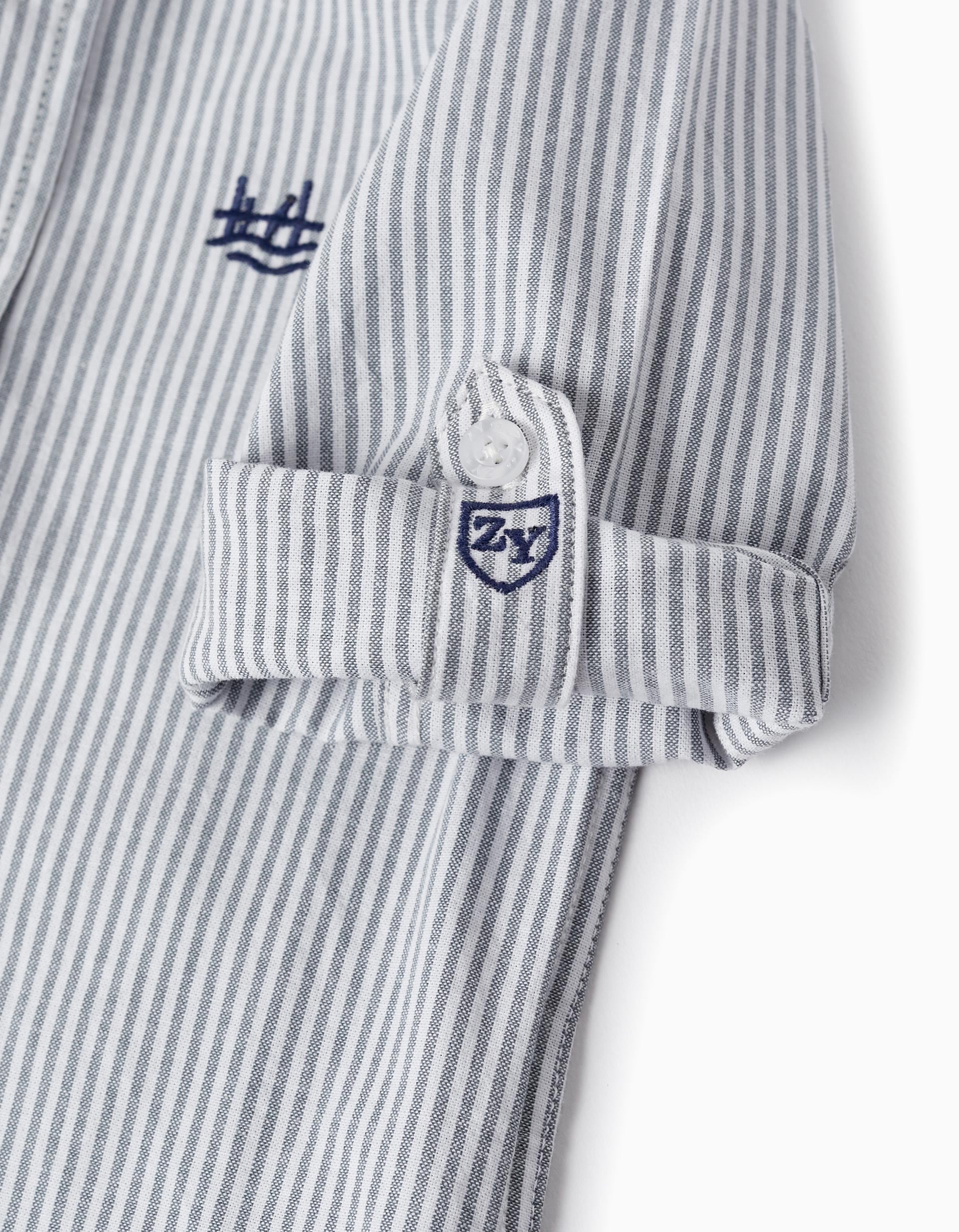 Striped Cotton Shirt for Baby Boys, White/Grey