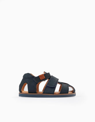 Sandales à lanières en cuir pour bébé garçon, Bleu Foncé