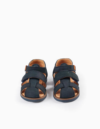 Sandales à lanières en cuir pour bébé garçon, Bleu Foncé