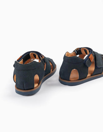 Sandalias con Tiras de Cuero para Bebé Niño, Azul Oscuro