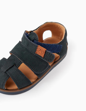 Sandalias con Tiras de Cuero para Bebé Niño, Azul Oscuro