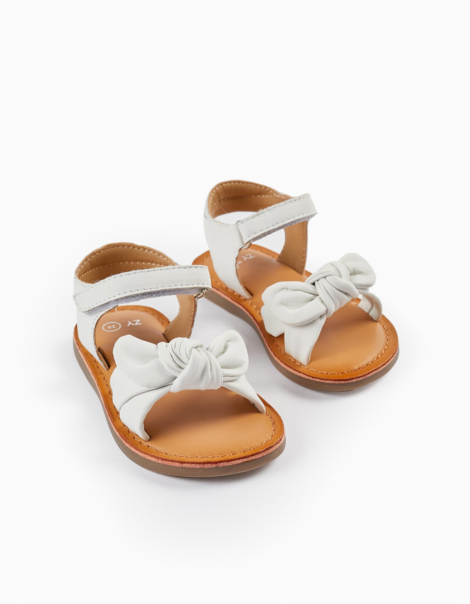 Leather Sandals with Bow for Baby Girls, White