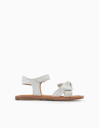Sandálias de Pele com Laço para Menina, Branco