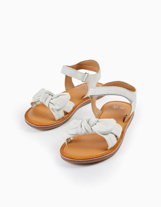 Sandálias de Pele com Laço para Menina, Branco