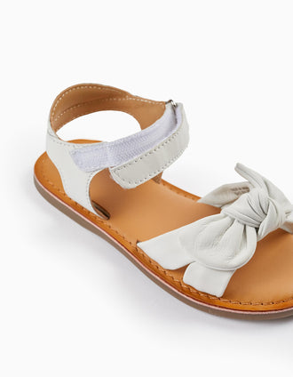 Sandalias de Piel con Lazo para Niña, Blanco