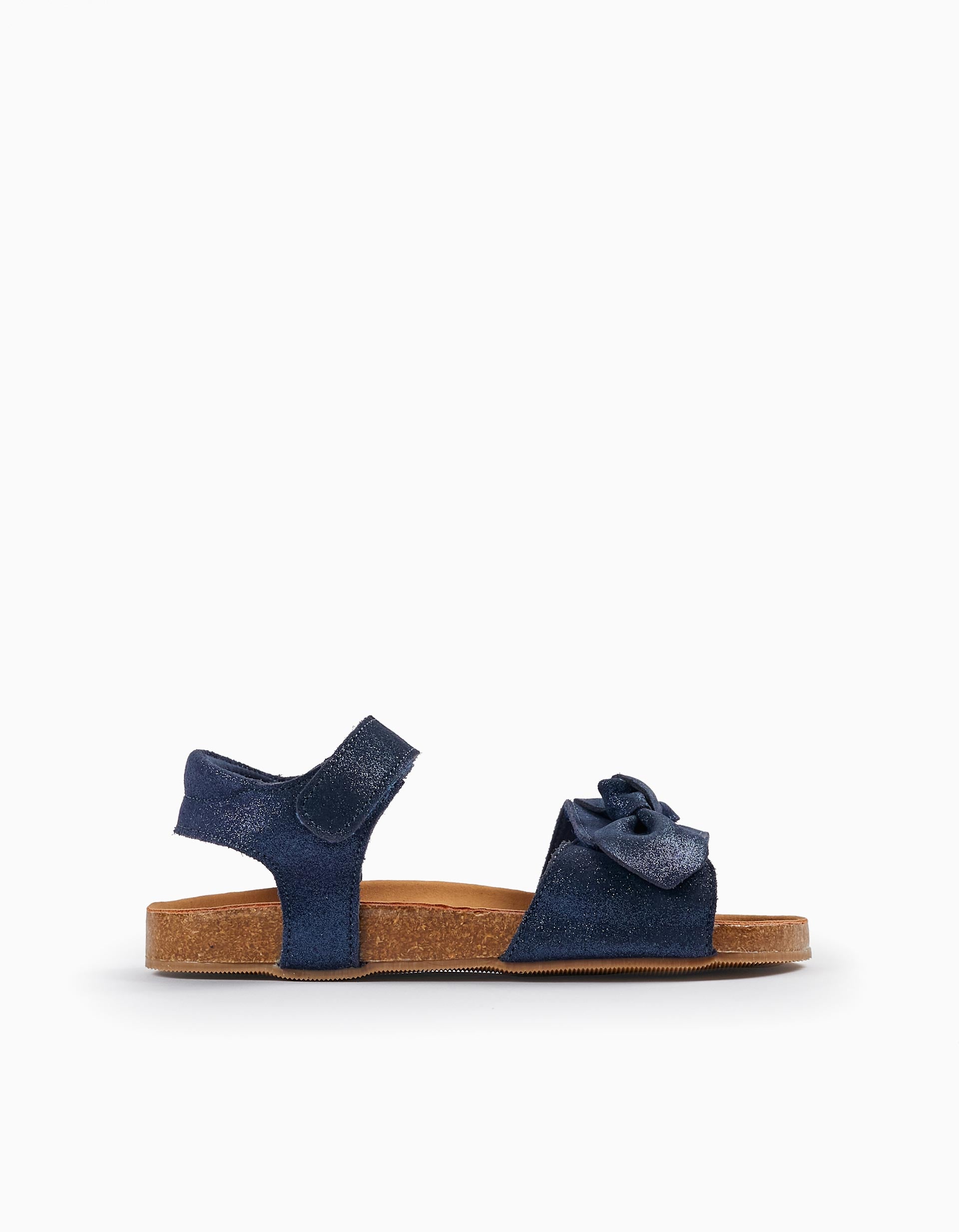 Leather Sandals with Glitter and Bows for Girls, Dark Blue