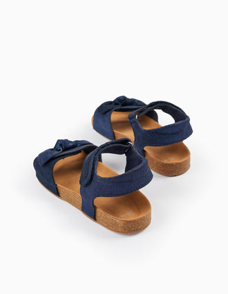Sandálias de Couro com Purpurinas e Laço para Menina, Azul Escuro