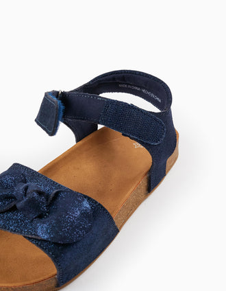 Sandálias de Couro com Purpurinas e Laço para Menina, Azul Escuro