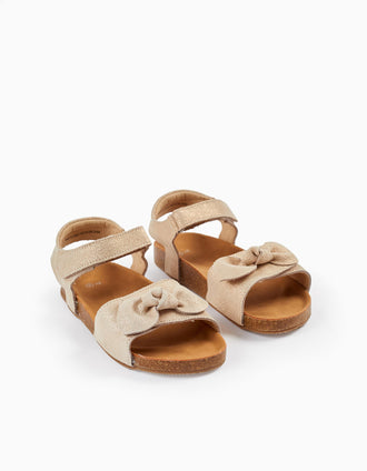 Sandalias de Cuero con Purpurina y Lazos para Niña, Beige Claro