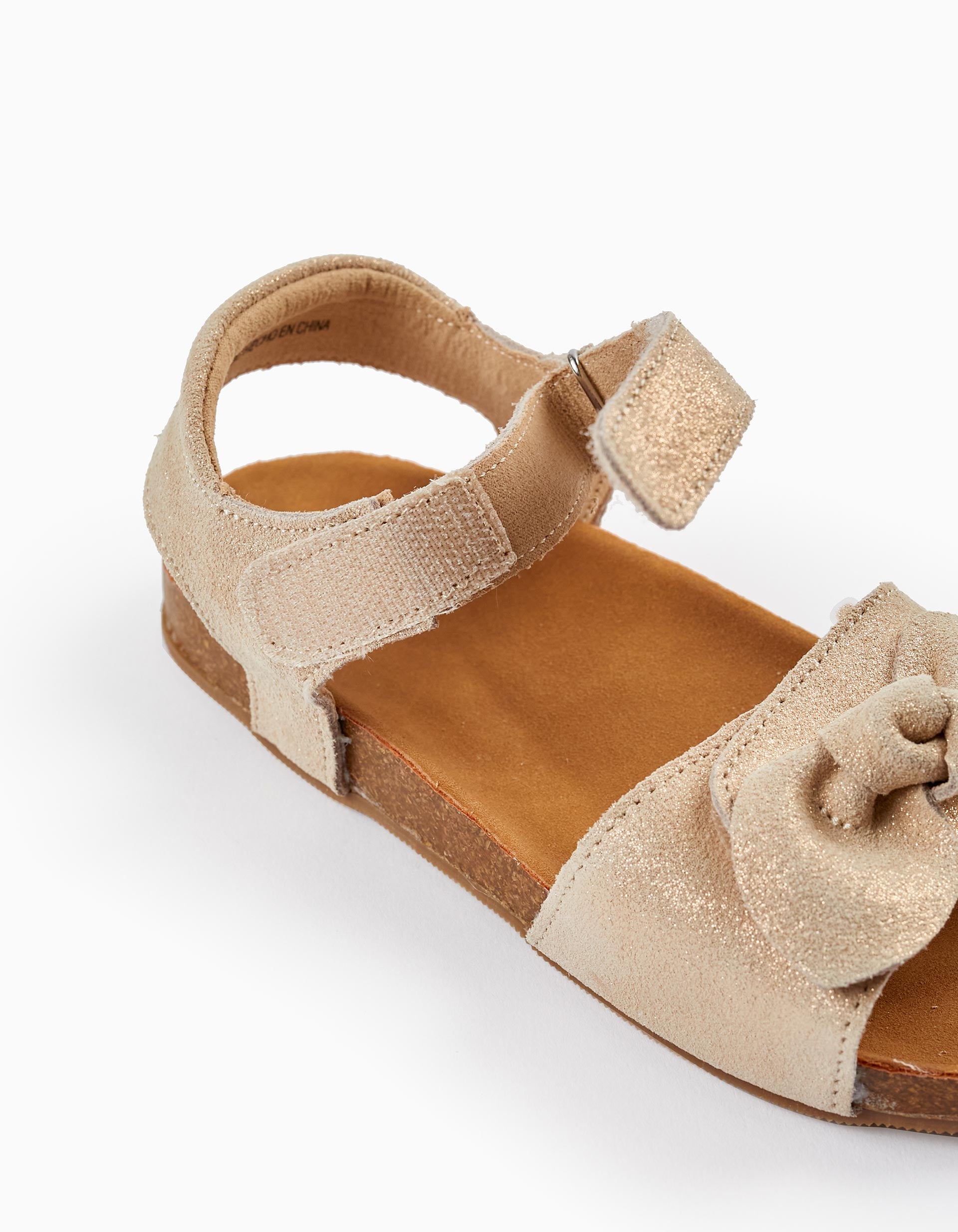 Leather Sandals with Glitter and Bows for Girls, Light Beige