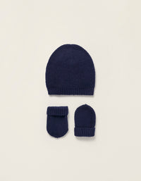 Bonnet + Gants en Maille pour Nouveau-Né, Bleu Foncé