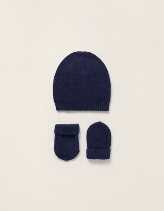 Bonnet + Gants en Maille pour Nouveau-Né, Bleu Foncé