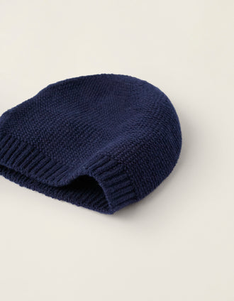Bonnet + Gants en Maille pour Nouveau-Né, Bleu Foncé