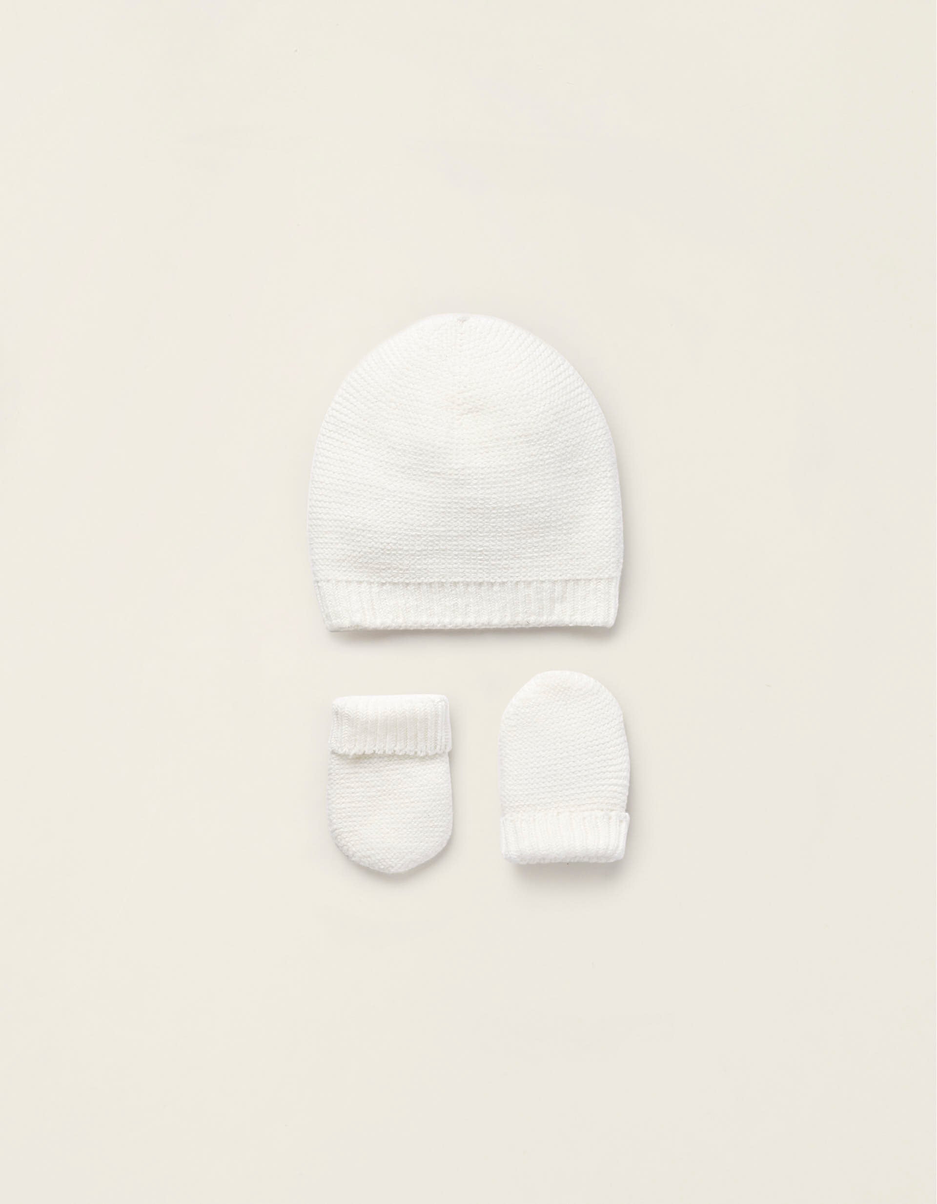 Beanie + Knitted Gloves for Newborns, White