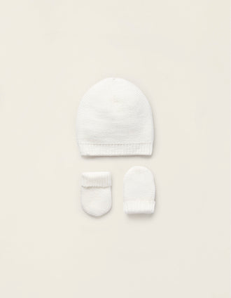 Bonnet + Gants en Maille pour Nouveau-Né, Blanc