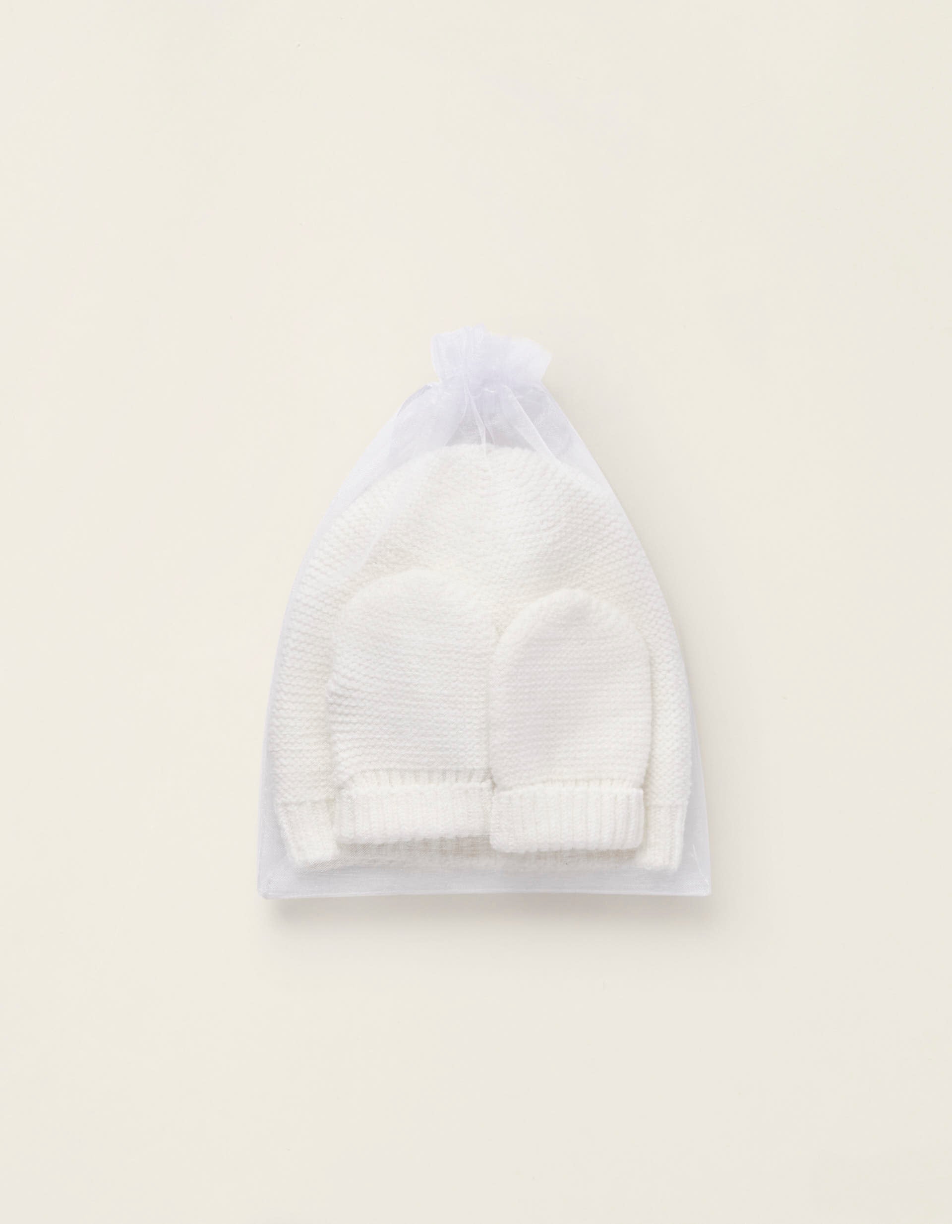 Beanie + Knitted Gloves for Newborns, White