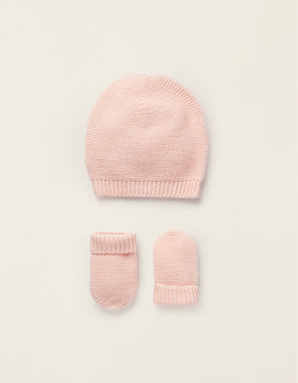 Gorro + Guantes de Punto para Recién Nacida, Rosa