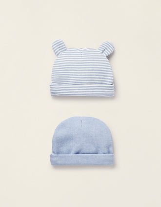 Pack 2 Gorros de Algodón para Recién Nacido, Azul/Blanco