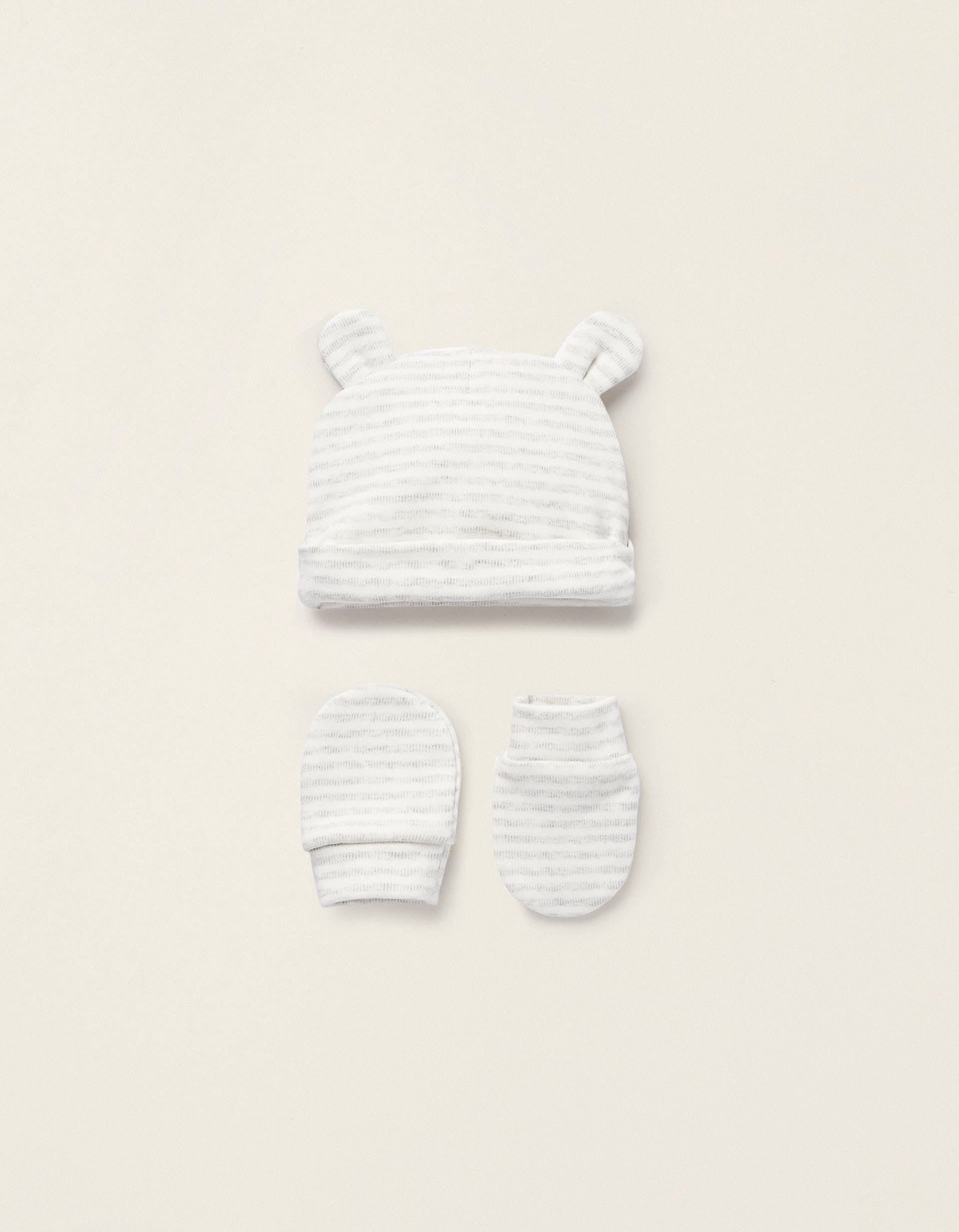 Beanie with Ears + Cotton Gloves for Newborns, White/Grey