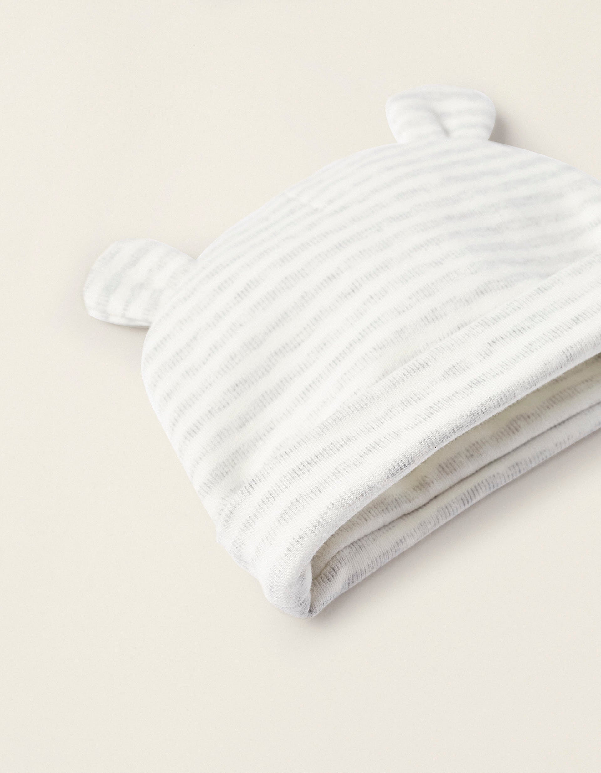 Beanie with Ears + Cotton Gloves for Newborns, White/Grey