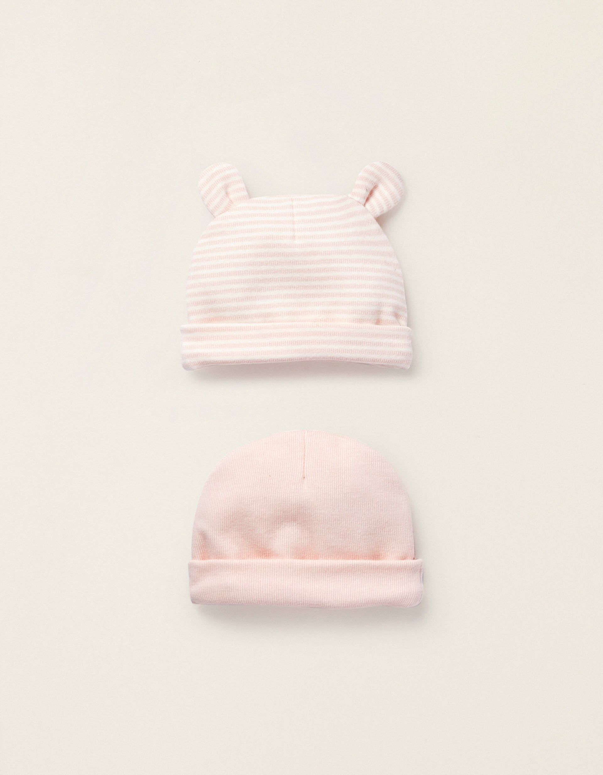 Pack of 2 Cotton Beanies for Newborn Girls, Pink/White