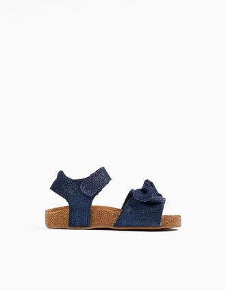 Sandálias de Couro com Purpurinas e Laço para Bebé Menina, Azul Escuro