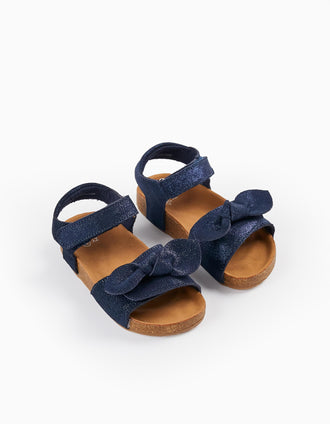 Sandálias de Couro com Purpurinas e Laço para Bebé Menina, Azul Escuro