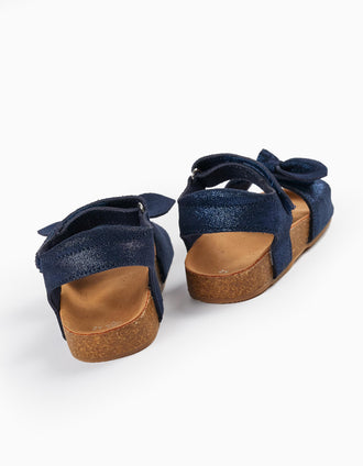 Sandálias de Couro com Purpurinas e Laço para Bebé Menina, Azul Escuro