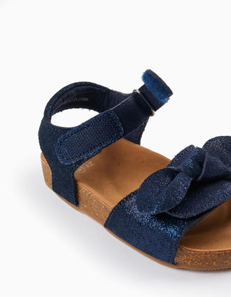 Sandales en cuir avec paillettes et nœud pour bébé fille, Bleu Foncé