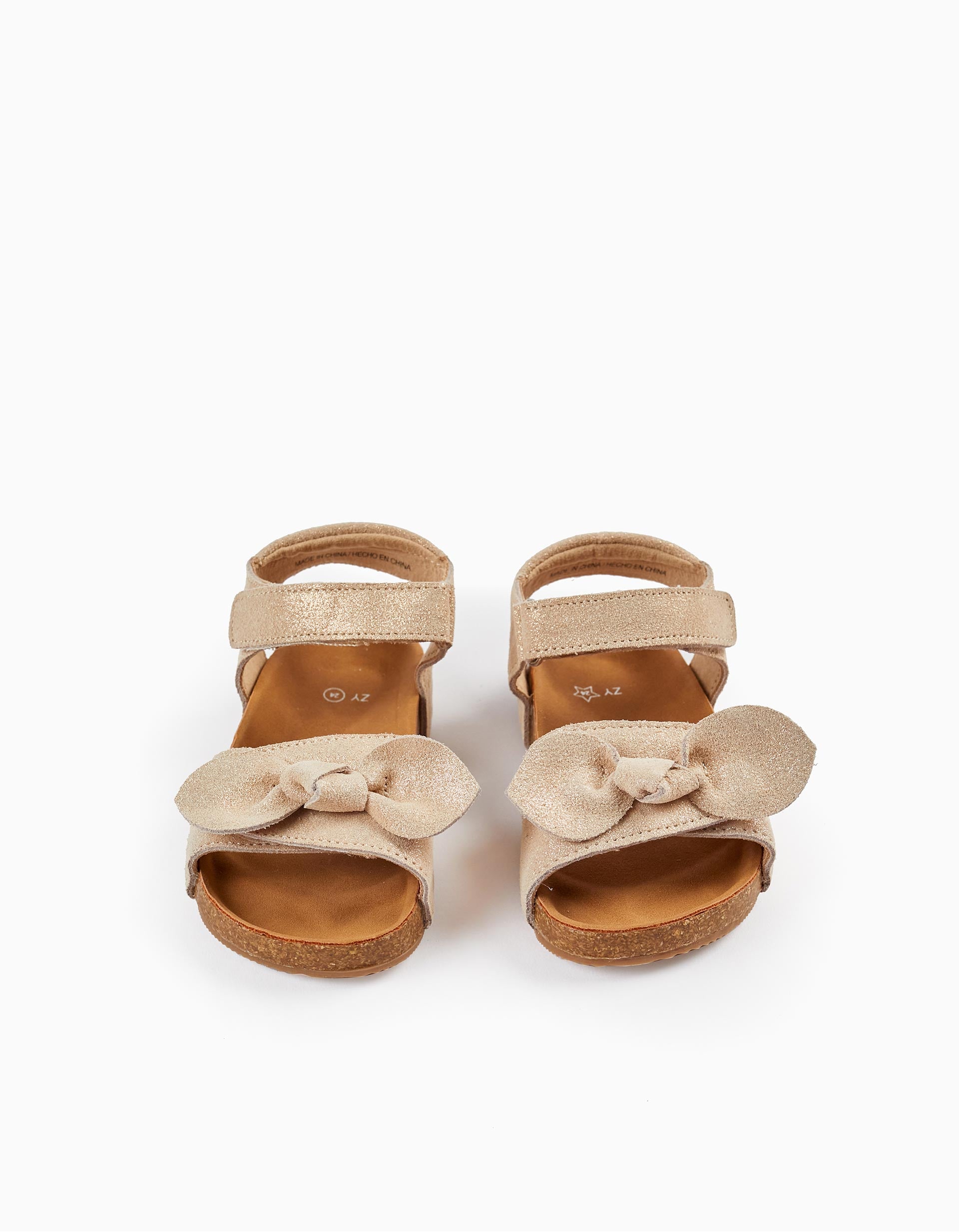 Leather Sandals with Glitter and Bows for Baby Girls, Light Beige