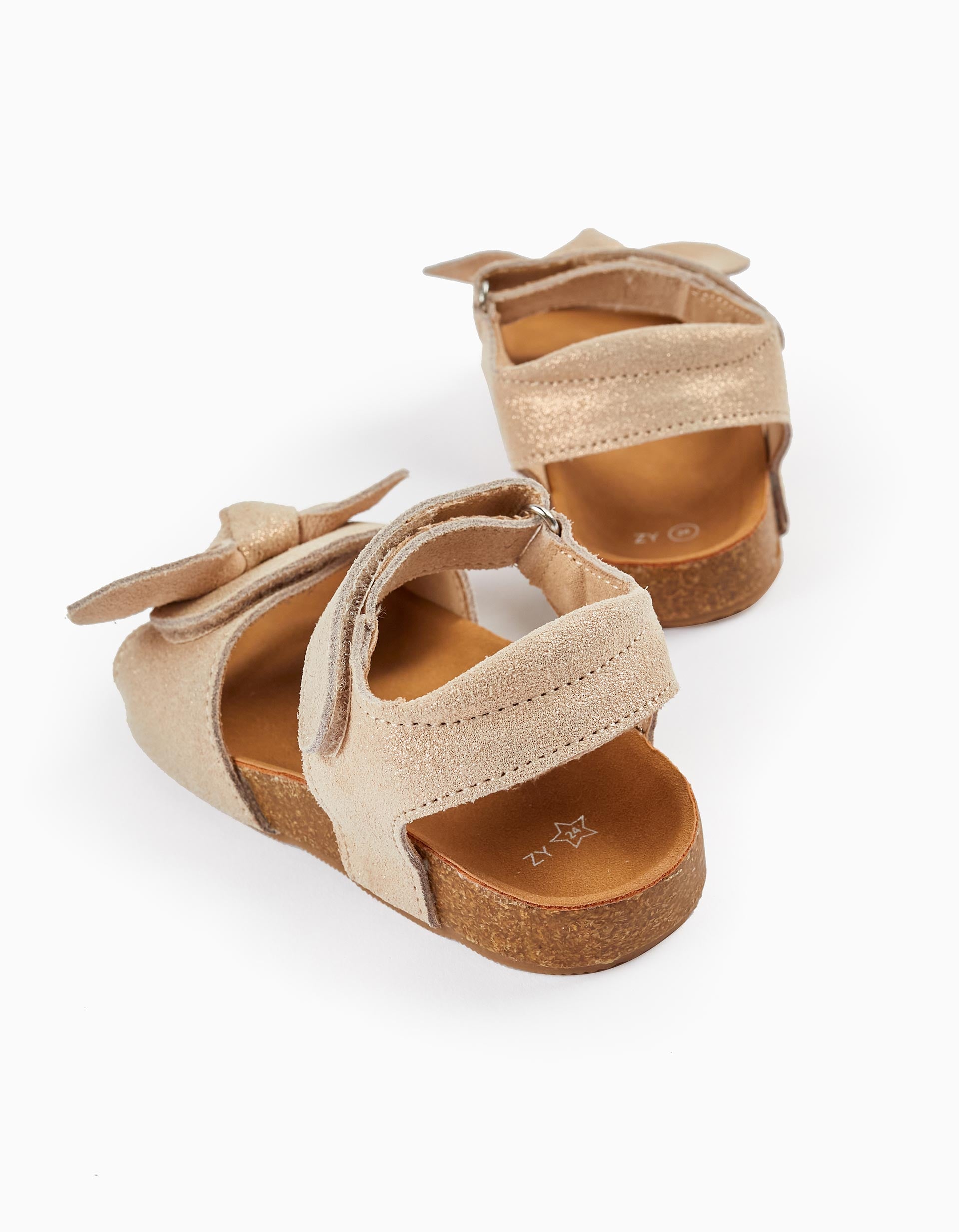 Leather Sandals with Glitter and Bows for Baby Girls, Light Beige