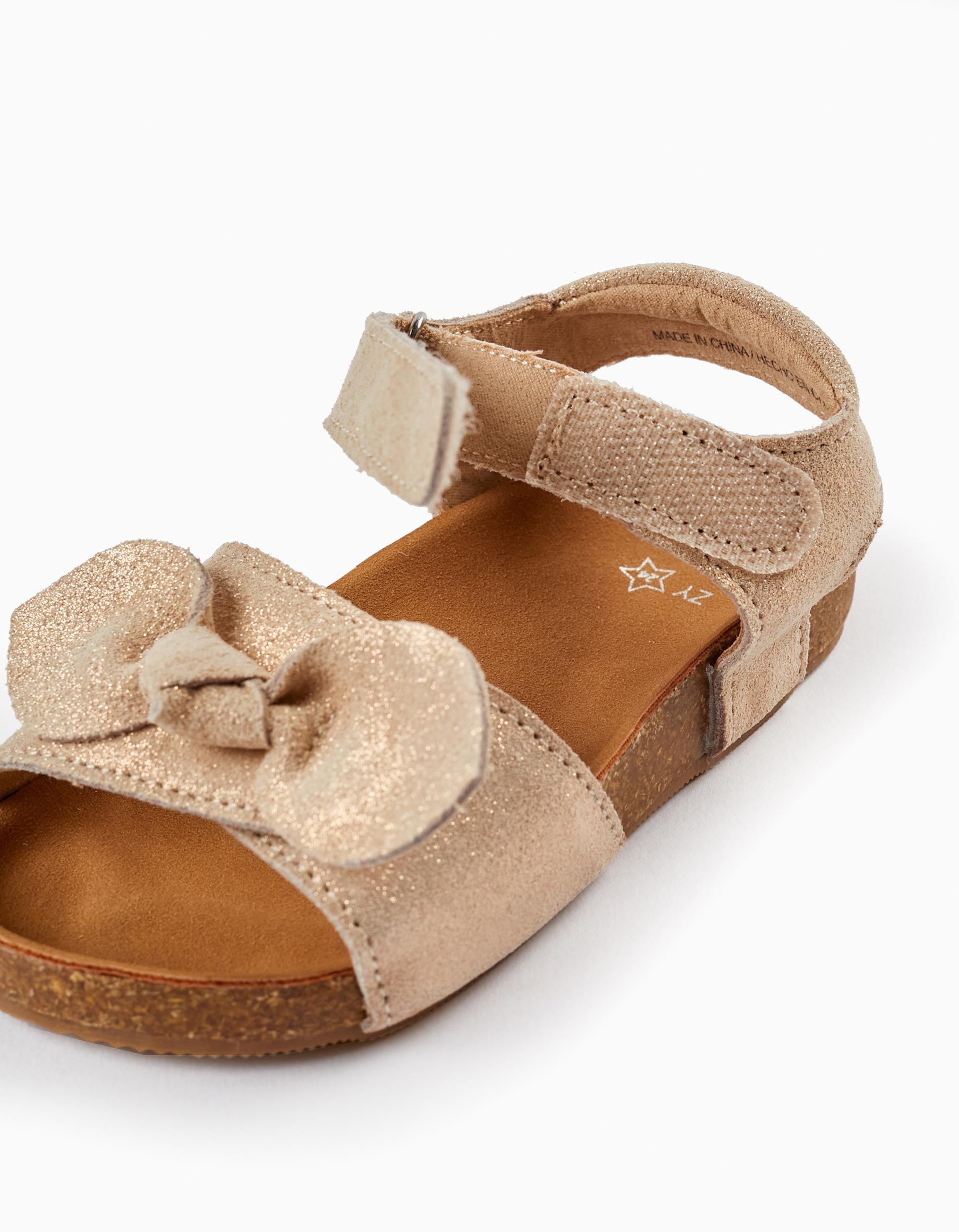 Leather Sandals with Glitter and Bows for Baby Girls, Light Beige