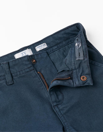 Calças Chino em Sarja de algodão para Menino 'Slim Fit', Azul Escuro
