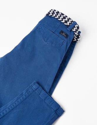 Pantalones de Sarga de Algodón con Cinturón para Niño, Azul Oscuro