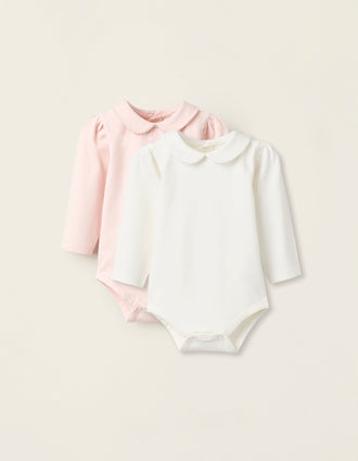 Pack 2 Bodies com Gola Colegial para Recém-Nascida, Branco/Rosa